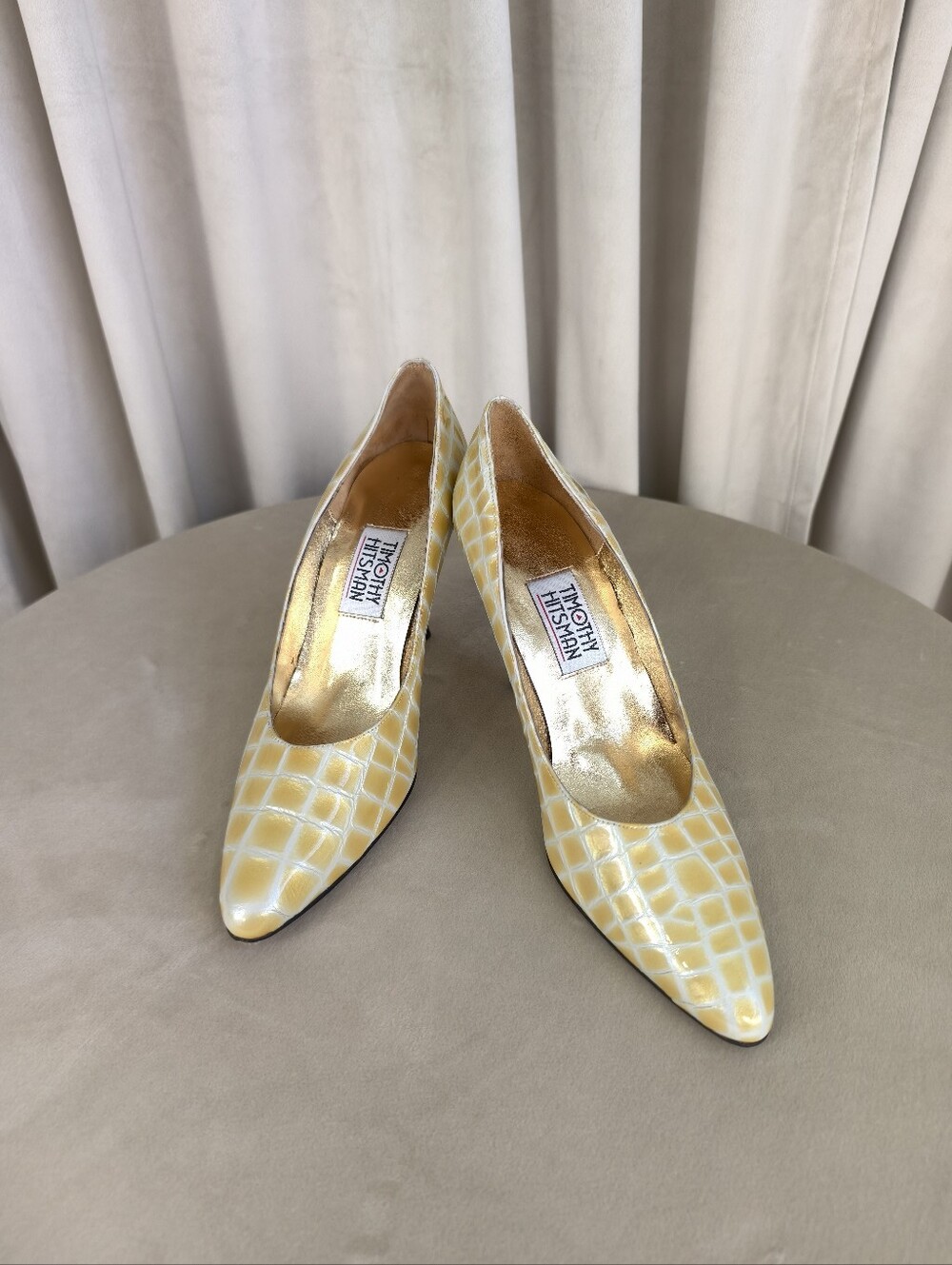 Vintage Timothy Hitsman Yellow Croc-Embossed Pointed-Toe Pumps